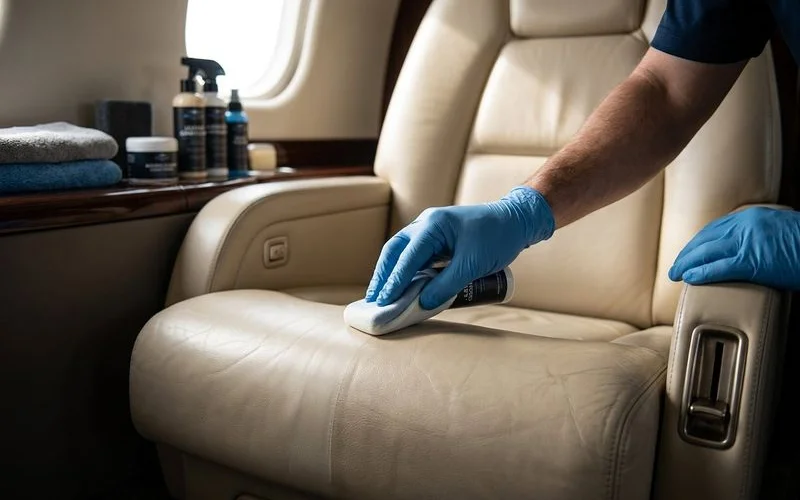 Leather restoration in aircraft cabin