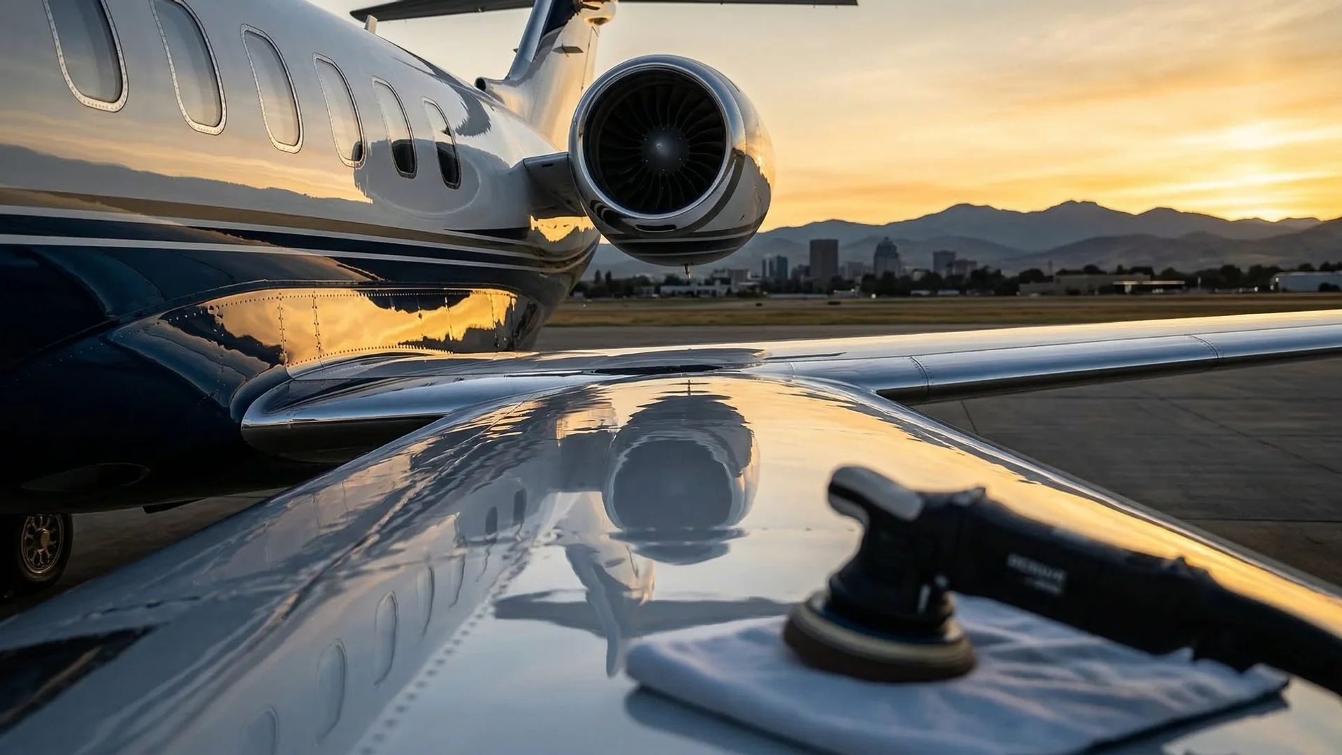 Aircraft wing in sunset